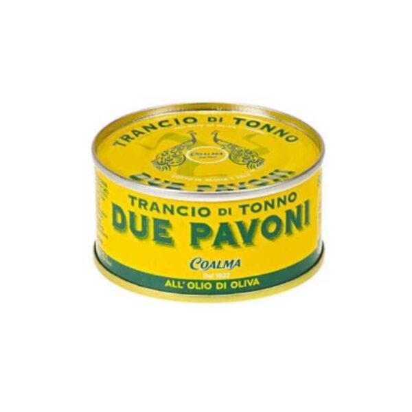 Barattolo di Tonno Coalma Due Pavoni all'Olio d'Oliva da 240g con sfondo bianco e logo Di Rosa Store